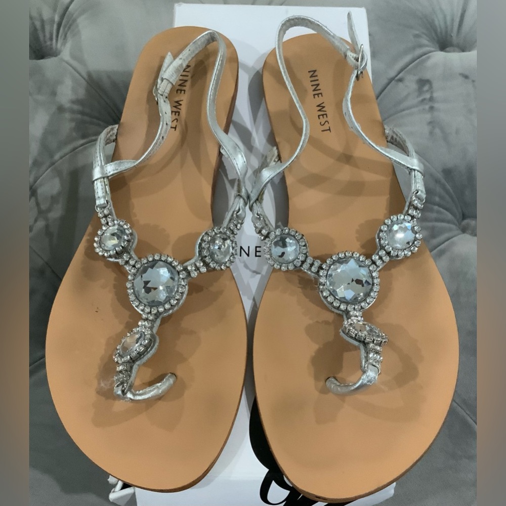 Nine West Silver Leather Crystal Detail Sandals
